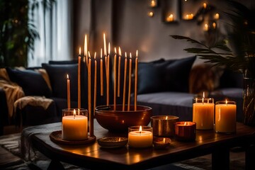 table setting in a room, Scented candles and aroma incense sticks on table in living room - obrazy, fototapety, plakaty