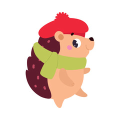 Cute Hedgehog Character in Scarf and Beret Walking Vector Illustration