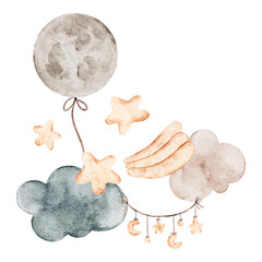 Cute baby watercolor illustration with the moon, clouds, stars and balloon for prints, tableware, packaging, posters, clothes, postcards, baby shower