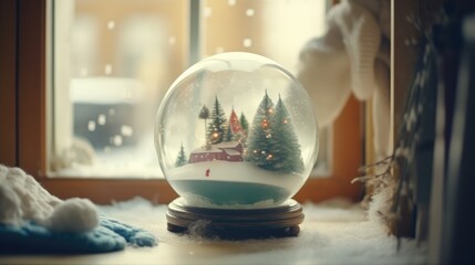 Christmas snowglobe. Christmas background with festive snow glass ball. Holiday snow globe