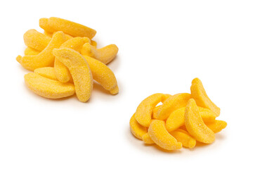 Juicy colorful jelly banana sweets isolated on white.