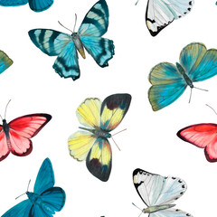Drawn butterflies on a white background, watercolor seamless pattern for postcard, wrapping paper, wallpaper.