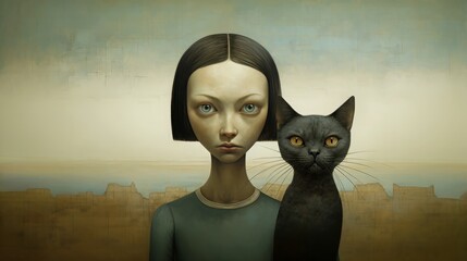 young woman with cat illustration.