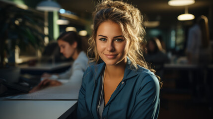 Obraz premium Smiling female medical secretary at desk with blurred hospital background.
