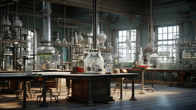 An old, musty laboratory with unknown contraptions and test tubes