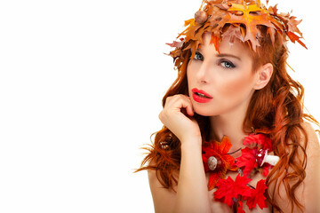 beautiful, red-haired woman with autumn leaves,Beauty,Fashion, Makeup - 671741927