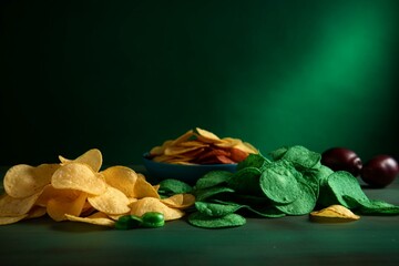 A collection of chips laying on a green table. Generative AI