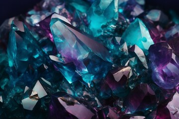 Abstract, shiny, crystal fragments, colorful, turquoise, purple wallpaper. Generative AI