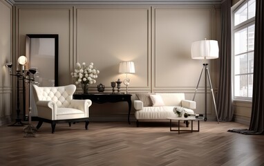 Elegant cream studio mockup room with a soft floor, accented by a spotlight, perfect for showcasing products in style.