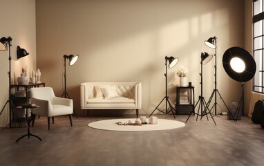 Fototapeta na wymiar Elegant cream studio mockup room with a soft floor, accented by a spotlight, perfect for showcasing products in style.