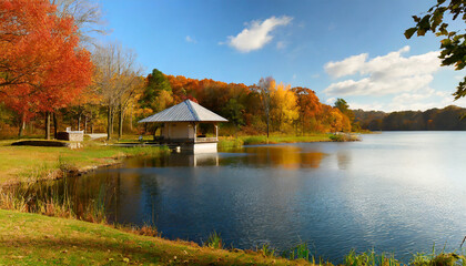 Fototapeta na wymiar Peaceful Lakeside Retreat in Autumn