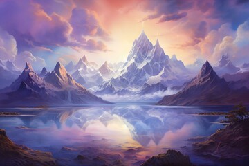 Stunning artwork depicting a scenic vista of majestic peaks and billowy sky. Generative AI