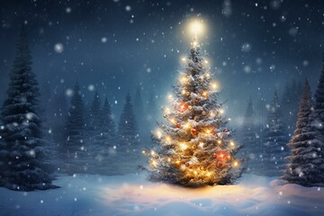 A festive tree adorned with lights and ornaments, standing in the snow, surrounded by a wintry forest with chilly and crisp air. Generative AI