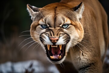 Obraz premium Roaring cougar or mountain lion hunts its prey