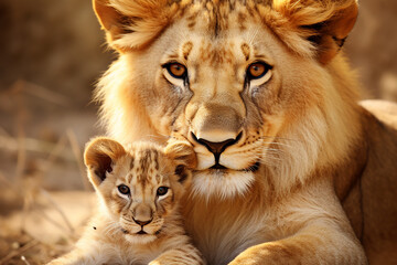 Fototapeta premium Lions family, little lion cub and adult lion in nature together