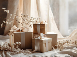 Natural beige gift boxes wrapped in brown paper and ribbons with flowers and natural sunlight