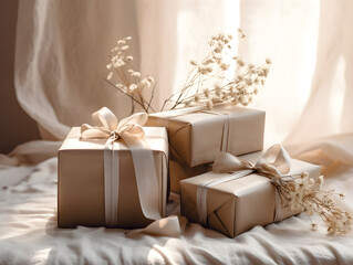 Natural beige gift boxes wrapped in brown paper and ribbons with flowers and natural sunlight