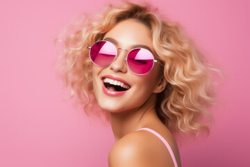 Fun portrait of blonde woman with pink glasses.