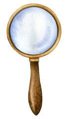 Magnifying glass on a wooden handle. Hand drawn watercolor loupe illustration isolated on white background.