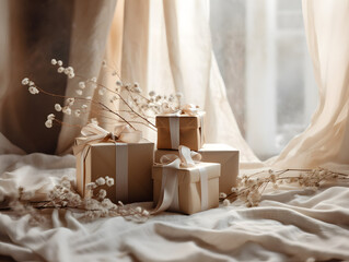 Natural beige gift boxes wrapped in brown paper and ribbons with flowers and natural sunlight