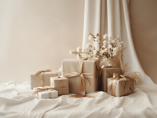 Natural beige gift boxes wrapped in brown paper and ribbons with flowers and natural sunlight - obrazy, fototapety, plakaty