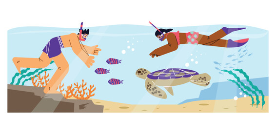Underwater adventure with snorkeling and diving couple, vector illustration.