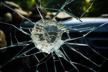 Broken car windshield, damaged glass with traces of oncoming stone on road. Generative AI
