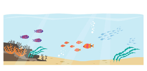 Fototapeta na wymiar Underwater world: different fishes and various seaweeds scene flat style