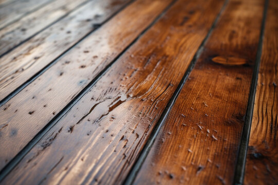 The wet wooden surface. Wood table background with rain water droplets. Generative AI