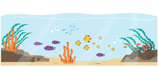Fototapeta na wymiar Sea underwater tropical coral reef banner background, flat vector illustration.