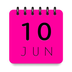 10 day of the month. June. Pink calendar daily icon. Black letters. Date day week Sunday, Monday, Tuesday, Wednesday, Thursday, Friday, Saturday. Cut paper. White background. Vector illustration.