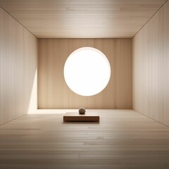 AI generated illustration of a beaming light illuminating a wooden room through a round window - obrazy, fototapety, plakaty