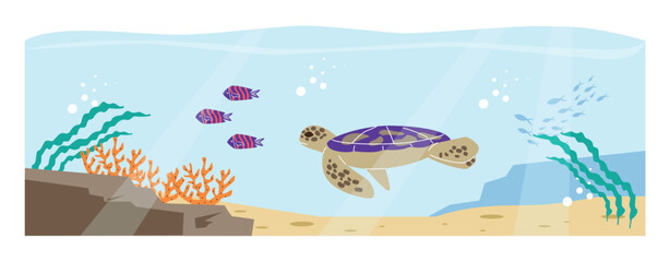 Cartoon underwater vector landscape with turtle and fish shoal, seaweeds, corals and reefs, aquatic world, marine fauna