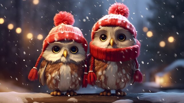 Adorable Owl in Red Hat and Scarf with Snowy Background