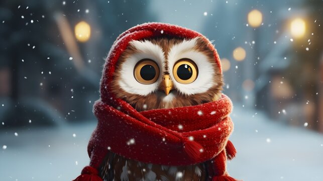 Adorable Owl in Red Hat and Scarf with Snowy Background
