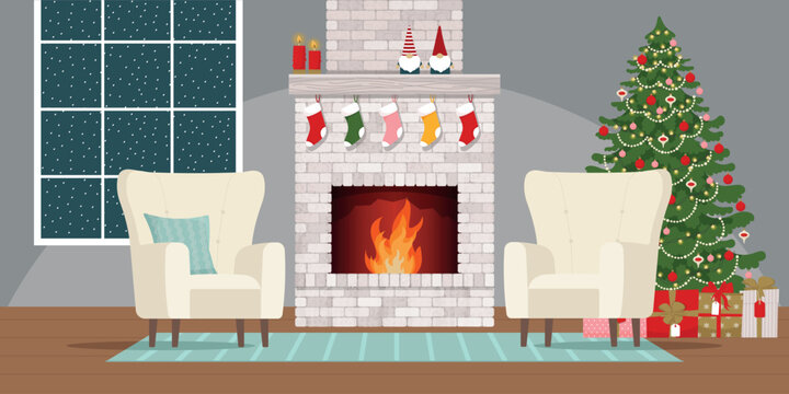 Cozy interior with brick classic fireplace, armchairs, and decorated Christmas tree. Vector illustration