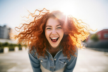 Excited young woman in street after successful student registration.