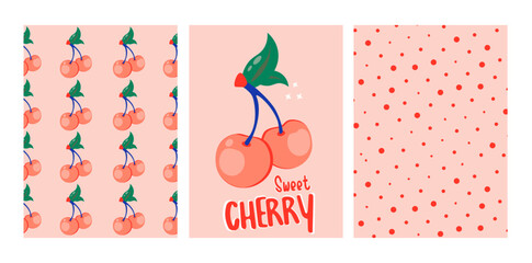 Groovy hippie 70s seamless pattern with cherry. Vector cards in trendy retro psychedelic cartoon style. Vector backgrounds set. Good vibes funny cartoon elements. Flat design food print illustration.	