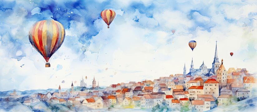 Fly over a city in a hot air balloon Childrens watercolor sketch