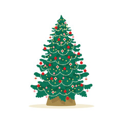 Christmas tree decorated with glass balls and garlands. Flat style vector illustration