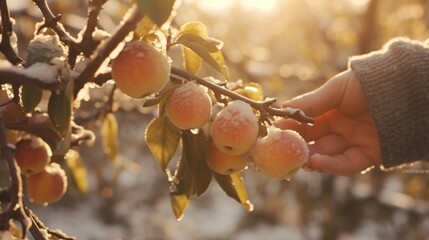 A person picking apples from an apple tree in the snow, AI