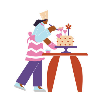 Woman confectioner cooking cake, decorates with heart and flowers, vector confectioner at work, bakery and pastry