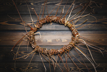 Tree branch twigs on the old wooden table flat lay background with copy space.