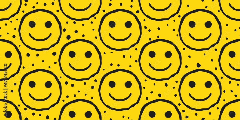 Poster simple drawn emoticons on a yellow background. vector pattern of identical stylish emoticons. for pr