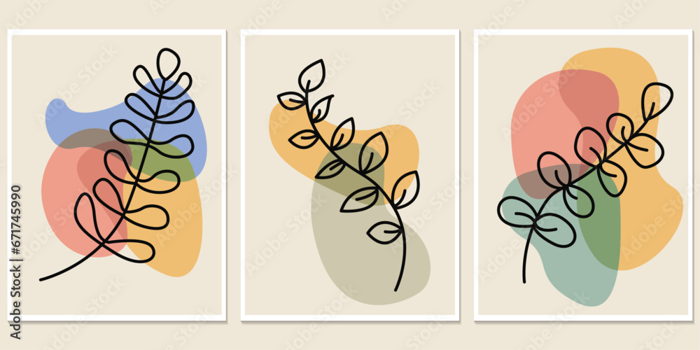 Aufkleber Abstract modern flower pictures. Minimal modern vector design. Minimal artistic abstract floral set with leaf.