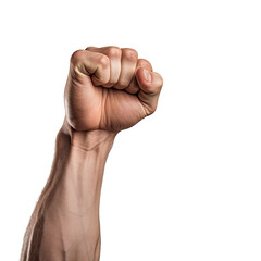 a man holding fists up, hand gesture . isolated on a transparent background (PNG cutout or clipping path).
