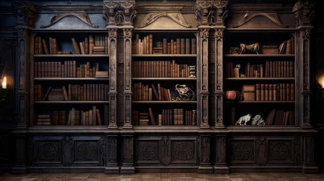 An old, dusty bookcase filled with ancient tomes