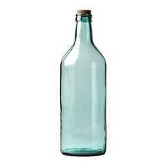 an empty transparent blue beer bottle without lid , isolated on a transparent background, with PNG, cutout, or clipping path