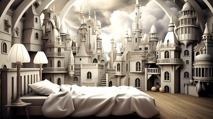 Magic castle themed bedroom in the style of fantastical dreamscapes GenerativeAI