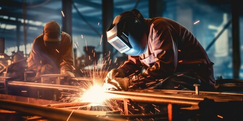 Metal welder working with arc welding at wokshop, Industrial worker is welding steel products in a factory, sparks fly - obrazy, fototapety, plakaty